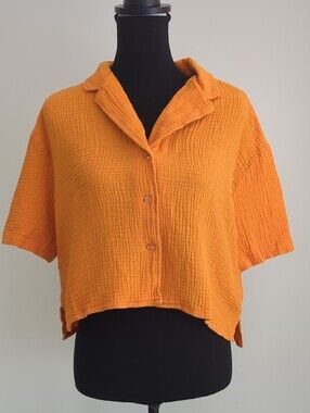 Steve Madden LARGE Coastal Casual Orange Button-Down Gauze Boxy Top